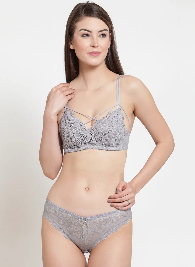 ليس اند مي  Laceandme Women Grey Sheer Lace Lingerie Set 4279